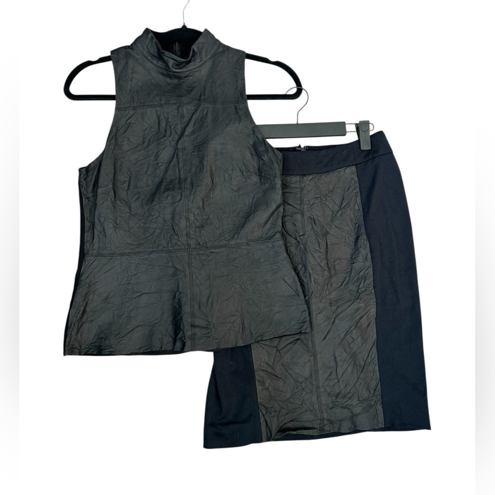 DKNY Black Lamb Nappa Leather & Stretch Knit 2 Pc Skirt Set S Peplum Modernist